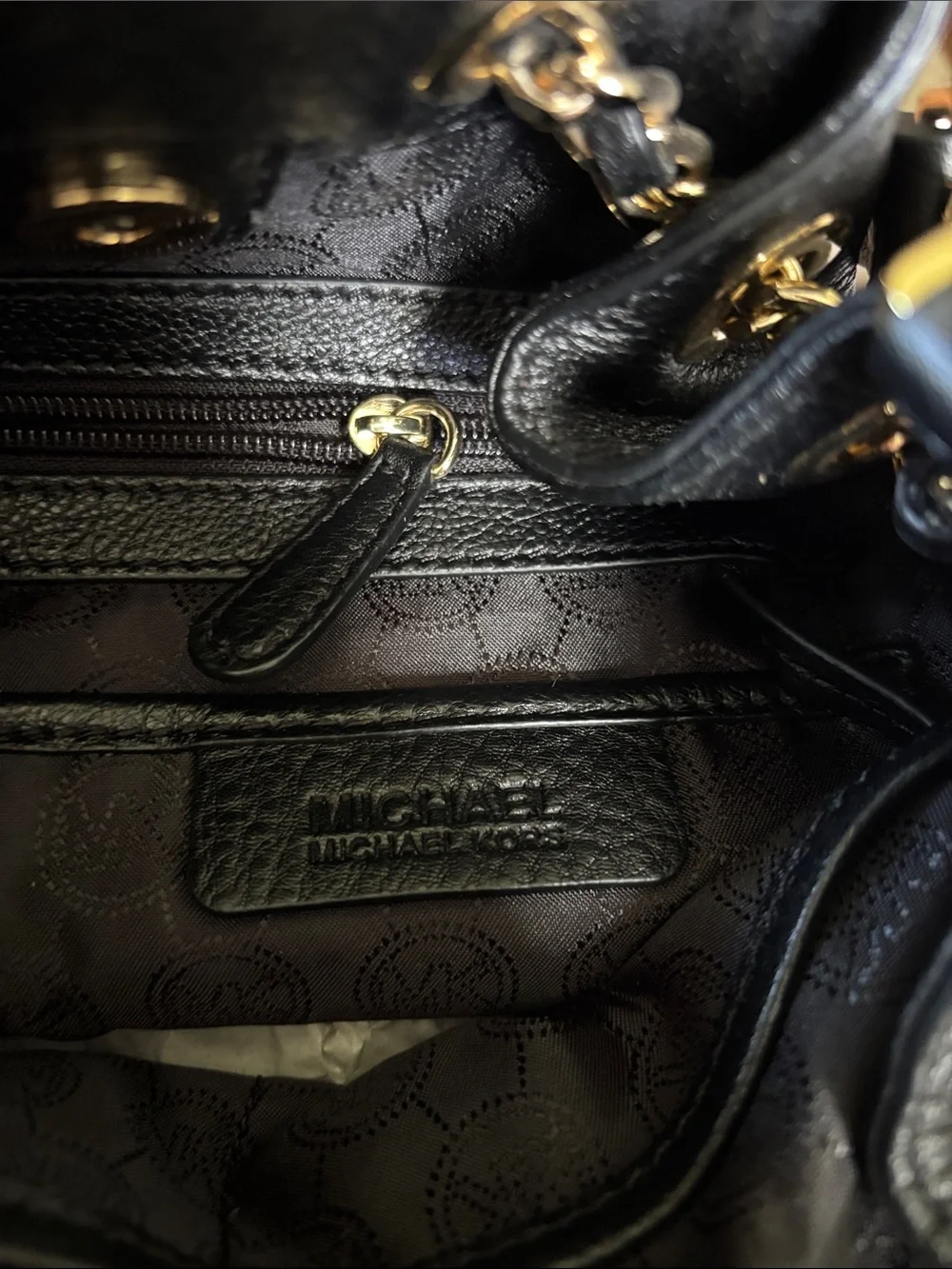 Michael Kors Black Pebbled Leather Drawstring Shoulder Bag with Gold Chain